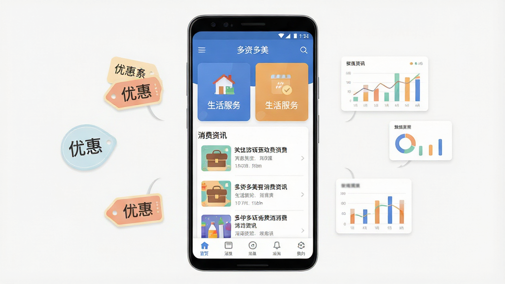 一张展现多资多美软件整体界面的手机应用展示图,画面中央是一部竖屏安卓手机,屏幕内呈现多资多美首页的卡片式布局,包含生活服务入口、消费资讯列表与底部导航栏,手机两侧点缀轻量的优惠标签与数据图表元素,整体采用干净的浅色背景,扁平化插画风格,布局居中对称,细节精致,画质清晰,画面干净无多余元素