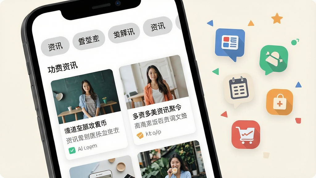 一张多资多美资讯聚合页面的功能展示图,画面为手机屏幕特写,屏幕中显示分类清晰的资讯卡片列表,卡片带有缩略图与摘要文字,顶部有分类标签栏,画面右侧漂浮几个代表资讯与优惠的图标,浅色背景,扁平化设计风格,构图简洁,画质清晰,画面干净