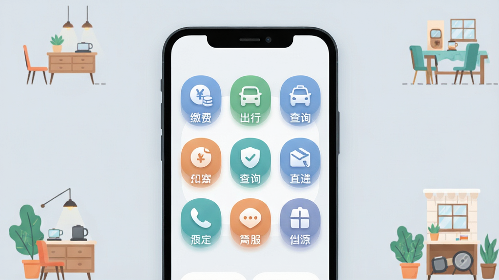一张多资多美生活服务入口页面的展示图,手机屏幕内呈现九宫格排列的服务图标,包含缴费、出行、查询等类别,图标风格统一圆润,背景为柔和的浅灰蓝色,画面四周点缀轻量的生活场景小元素,扁平插画风格,布局规整,画质清晰,干净无杂乱