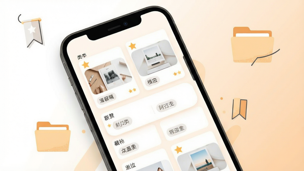 一张多资多美收藏夹页面的展示图,手机屏幕内呈现分组排列的收藏卡片,卡片带有星标与分类标签,背景为纯白与浅橙渐变,画面中加入书签与文件夹的轻量插画元素,风格简洁,布局整齐,画质清晰,干净无杂乱