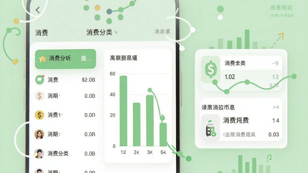 一张多资多美消费记录与对比功能的界面图,手机屏幕中显示消费分类列表与简易柱状图,旁边有对比信息卡片,整体配色为浅绿与白色搭配,画面加入少量数据线条装饰,扁平化风格,构图清晰,画质干净,无多余元素