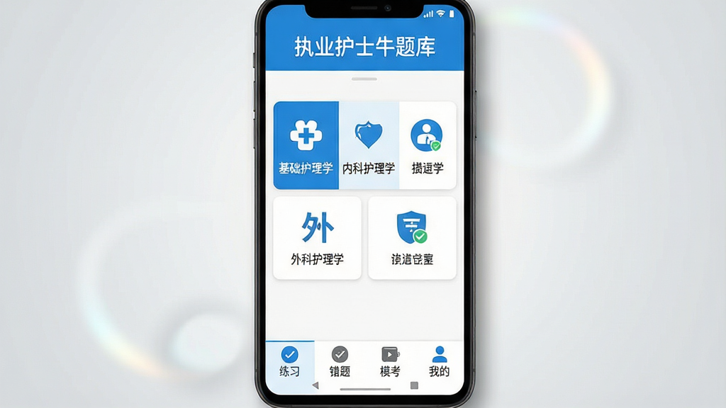一张展示安卓手机屏幕的图片,画面中央是“执业护士牛题库”应用主界面,界面顶部显示“执业护士牛题库”字样,中部为科目分类卡片式布局,包含基础护理学、内科护理学、外科护理学等模块图标,底部为练习、错题、模考、我的四个导航按钮,整体采用蓝白色医疗风格配色,背景为简洁的浅灰渐变,手机周围有轻微阴影与柔和光晕,画质清晰,界面文字锐利,干净无多余元素