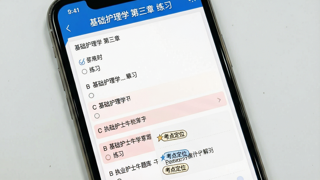 一张展示“执业护士牛题库”章节练习界面的图片,画面为手机屏幕特写,屏幕中显示“基础护理学 第三章 练习”标题,下方排列十道单选题,每题选项清晰可见,答错的题目以浅红色底纹标出并展开解析区域,解析中带有“考点定位”标签,整体布局为上下滚动列表,风格简洁专业,蓝白配色,画质清晰,文字锐利,干净无多余元素