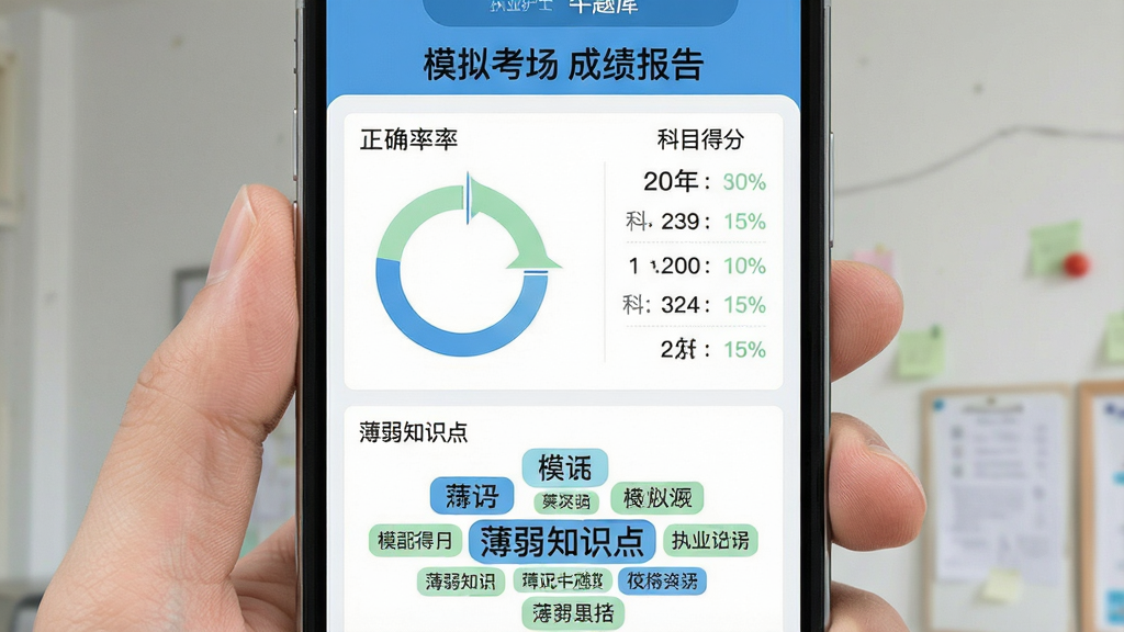 一张展示“执业护士牛题库”模拟考场成绩报告的图片,画面为手机屏幕,屏幕上方显示“模拟考场 成绩报告”标题,中部为环形正确率图表与科目得分列表,下方为薄弱知识点标签云,整体采用蓝白与浅绿配色,界面干净整洁,画质清晰,文字锐利,无多余装饰元素