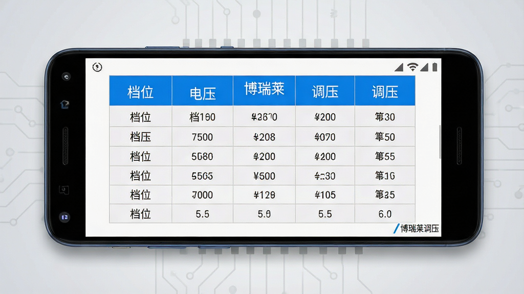 主体为一部中端安卓手机特写,屏幕显示博瑞莱调压的参数对照表格页面;布局为手机正面平放、背景为浅灰渐变并带微弱电路纹理;排版上表格居中、表头蓝色底白字;风格为极简工具风;细节包含表格内档位与电压数值文字、角落