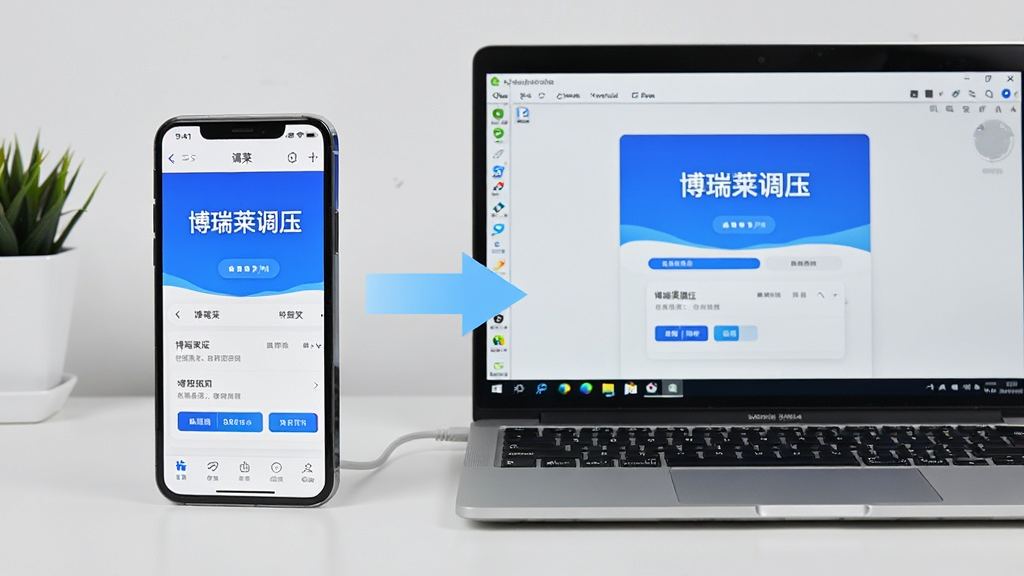 主体为一部手机与一台笔记本电脑并排摆放,手机屏幕显示博瑞莱调压首页、电脑屏幕显示安卓模拟器运行同一应用;布局为左右并列、中间以浅蓝箭头连接;排版整洁;风格为数码评测风;细节包含屏幕内