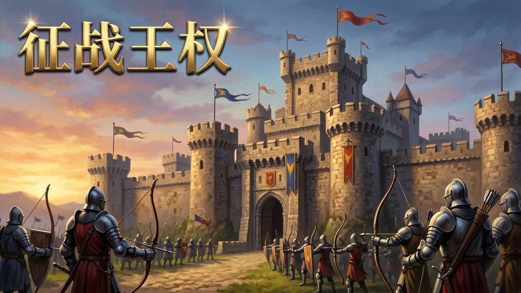 画面中央是一座宏伟的中世纪城堡,城墙高耸旗帜飘扬,城堡前方排列着身穿重甲的骑士与弓箭手方阵,远处天空呈现黄昏渐变色调,画面左上角用金色立体字写着“征战王权”,整体采用史诗战争插画风格,布局为横向宽幅构图,细节丰富包括盔甲纹理与城墙砖石,画质清晰锐利,干净无多余元素
