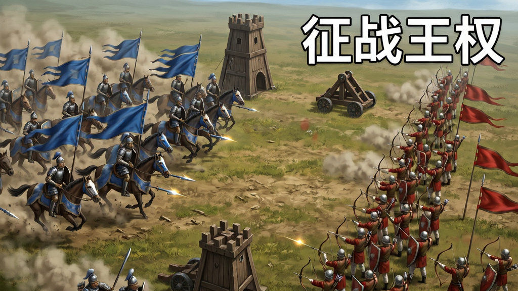 广阔的平原战场上两支军队正在交锋,左侧是蓝色旗帜的骑兵方阵正在冲锋,右侧是红色旗帜的步兵与弓箭手组成的防线,地面上有攻城塔与投石车,画面右上角用白色描边字体写着“征战王权”,整体为俯视视角的战争场景插画,风格写实厚重,细节包括扬起的尘土与兵器反光,画质高清,干净无杂乱元素