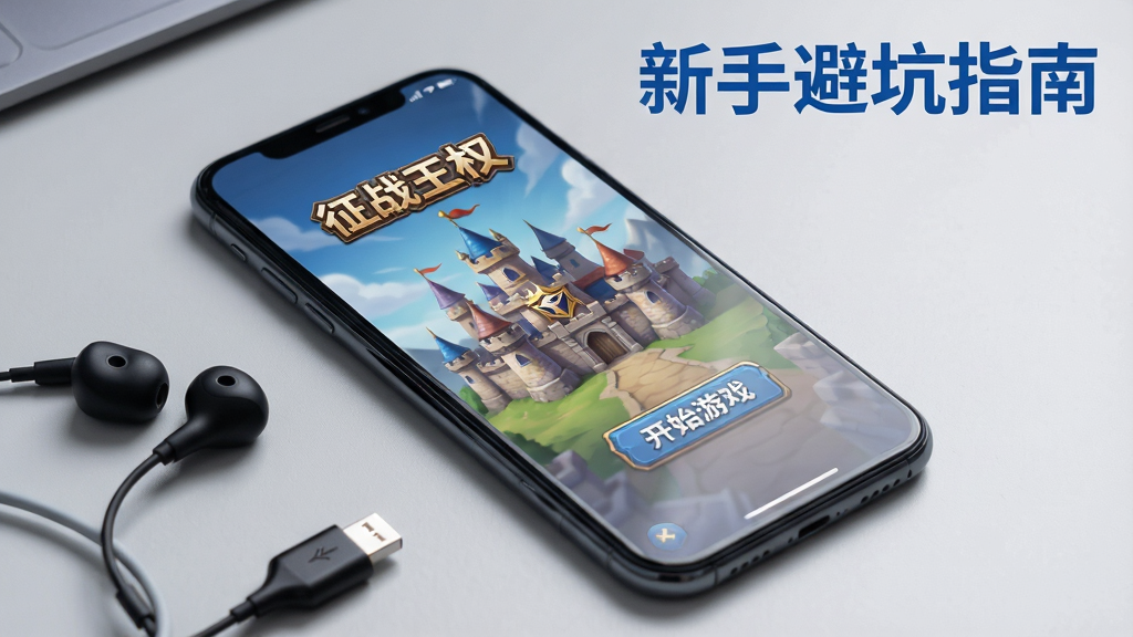 一部智能手机屏幕上显示“征战王权”游戏主界面,界面中有城堡背景与“开始游戏”按钮,手机旁边放着耳机与充电线,背景为简洁的浅灰色桌面,画面右上角用蓝色字体写着“新手避坑指南”,整体为产品展示风格摄影图,光线柔和,细节清晰包括屏幕反光与手机边框,画质干净,无多余杂物