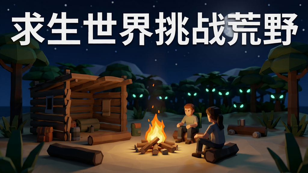 主体为夜晚荒岛营地场景,布局以篝火为中心,人物坐在火堆旁,排版将营地置于画面中景、夜空占据上半部分,风格为写实低多边形夜景渲染,细节包含燃烧的篝火、简易木制庇护所、远处丛林中发光的动物眼睛、星空与月亮,画质清晰干净,画面中打文字“求生世界挑战荒野”,无多余元素