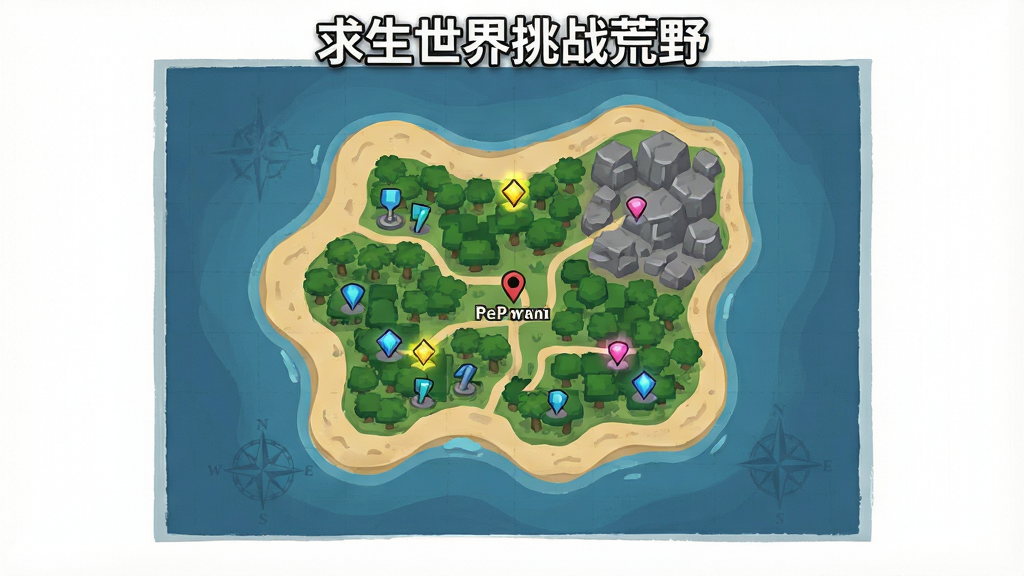 主体为俯视角的荒岛地图全貌,布局以海岛为中心向四周展开,排版将地图置于画面中央并留出边缘留白,风格为游戏内地图界面风格,细节包含沙滩海岸线、绿色丛林块、灰色岩地区域、闪烁的资源标记点与玩家位置图标,画质清晰干净,画面中打文字“求生世界挑战荒野”,无多余元素