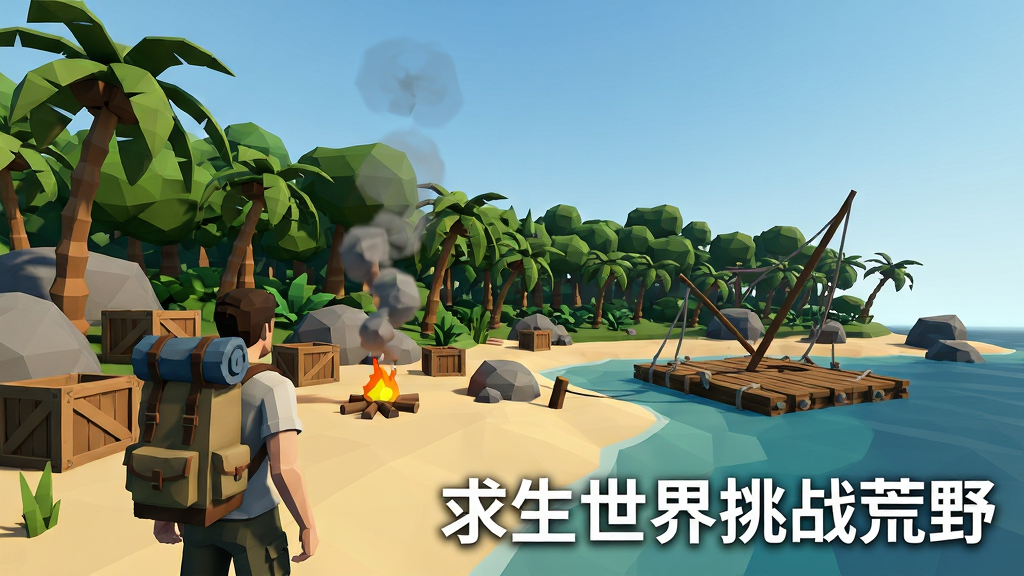 主体为一名背着行囊的幸存者站在荒岛沙滩上,远处是茂密丛林与搁浅的木筏,布局采用三分法构图,人物位于画面左下,海岛全景铺满右侧,排版留出上方天空区域,风格为写实低多边形游戏宣传画,细节包含椰子树、篝火余烟、散落的木箱与岩石,画质清晰干净,画面中打文字“求生世界挑战荒野”,无多余元素