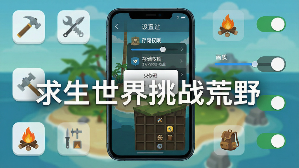 主体为手机屏幕特写,画面中显示荒岛生存游戏界面与设置菜单,布局为手机居中、周围环绕工具图标与权限开关示意,排版简洁明了,风格为扁平化教程插图,细节包含存储权限弹窗、画质调节滑块、篝火图标与背包格子,画质清晰干净,画面中打文字“求生世界挑战荒野”,无多余元素