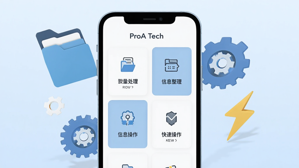 һ��չʾ ProA Tech Ӧ�������������ͼ�������������ֻ���Ļ����Ļ����ʾ ProA Tech �ı�ƽ�����ܿ�Ƭ���֣������ļ���������Ϣ��������ݲ�����ͼ�꣬�ֻ���Χ�����ļ��С����֡�����ȳ���ͼ��Ԫ�أ�����Ϊǳ��ɫ���䣬������ִ��������������ɾ��޶���Ԫ��