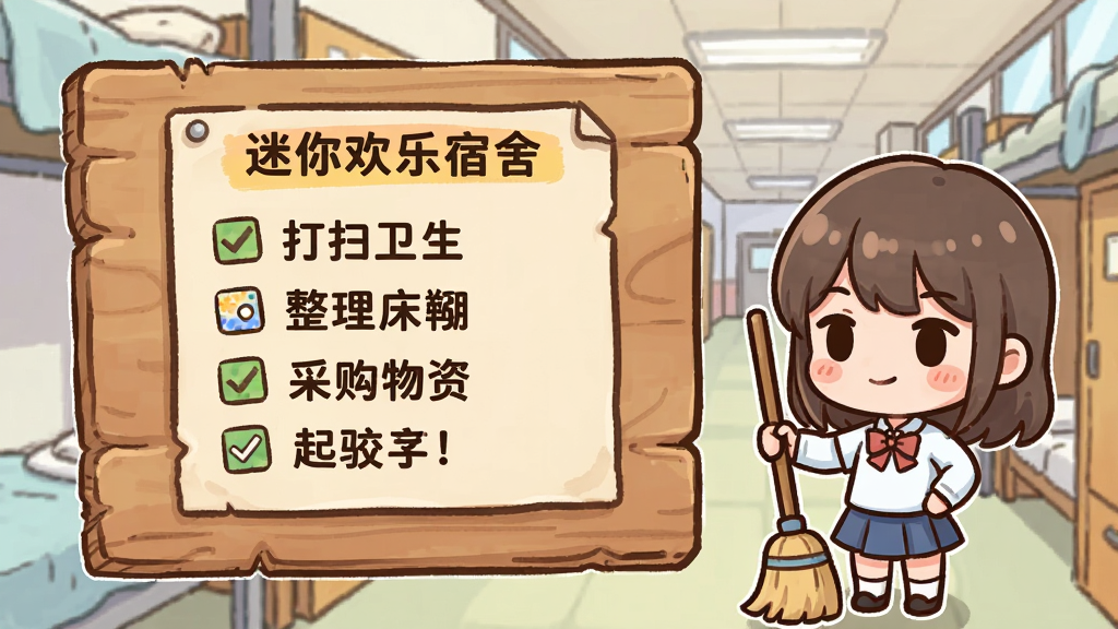 һ����Ϸ���������Ĳ廭������������һ��ľ�ʸ�ʾ�壬�������š����㻶�����ᡱ����������嵥��������ɨ�������������̡��ɹ����ʵ���Ŀ���Ա�վ��һλQ�����ѽ�ɫ�ֳ�ɨ�㣬�������������ȣ����Ϊ��ͨ�ֻ棬���ּ�࣬ϸ�����������ʸɾ�����