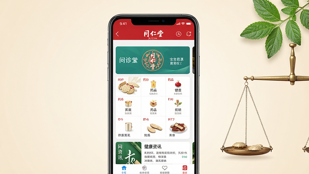 一张展示同仁堂国际手机应用界面的产品展示图,画面中央是一部竖屏智能手机,手机屏幕上清晰显示同仁堂国际APP的首页界面,包含问诊入口、药品分类、健康资讯等模块,手机背后是浅米色渐变背景,画面右侧点缀几片绿色草本植物叶片和传统中药戥子秤元素,整体风格干净明亮,现代科技感与中医药文化融合,高清画质,细节丰富,无多余杂乱元素