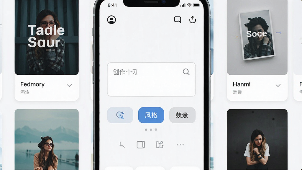 一张手机屏幕展示图片生成器应用主界面,画面中央是简洁的创作输入框和风格选择按钮,周围环绕着多张由文字生成的示例图片缩略图,布局清晰整洁,风格为现代扁平化UI设计,细节包含图标、按钮和预览卡片,画质高清,干净无多余元素