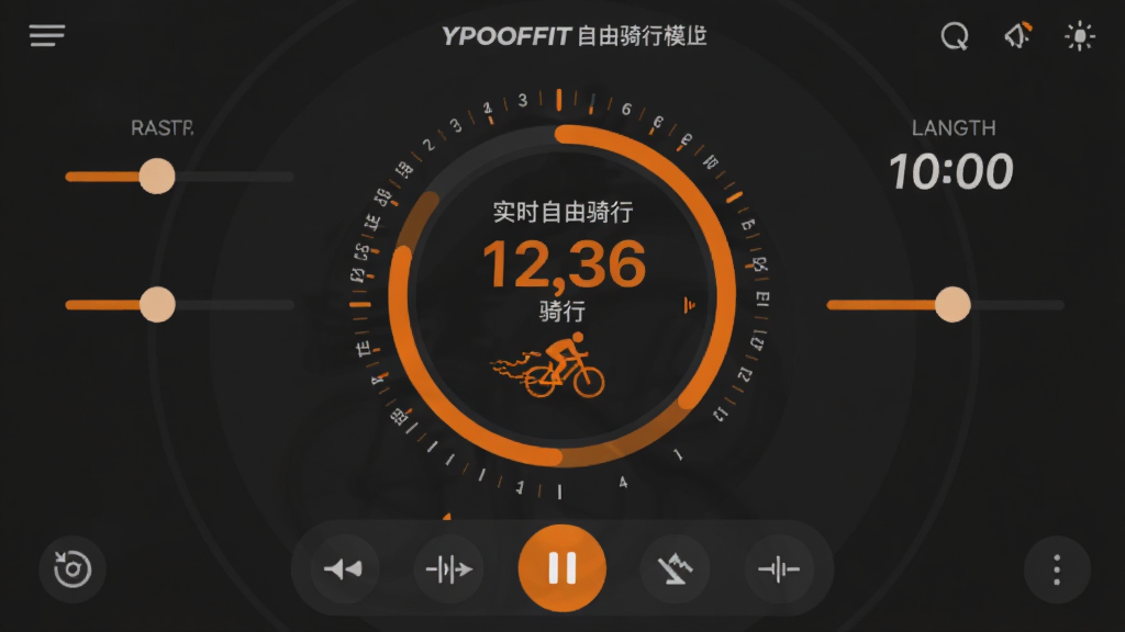 ����ΪYPOOFIT��������ģʽ���棬��Ļ������ʾʵʱ�������ݻ�����Χ���������ڻ�����ʱ����ʱ��������Ϊ���л�������չʾ���ײ�Ϊ���������Ű�ͻ�����ν��������ֶ��������Ϊ�����˶��磬��ұ������������ݸ�����ϸ�ڰ���������λ�̶ȡ����й켣��������ʼ��ͣ��ť�����ʸ��壬����ɾ����޶���Ԫ��