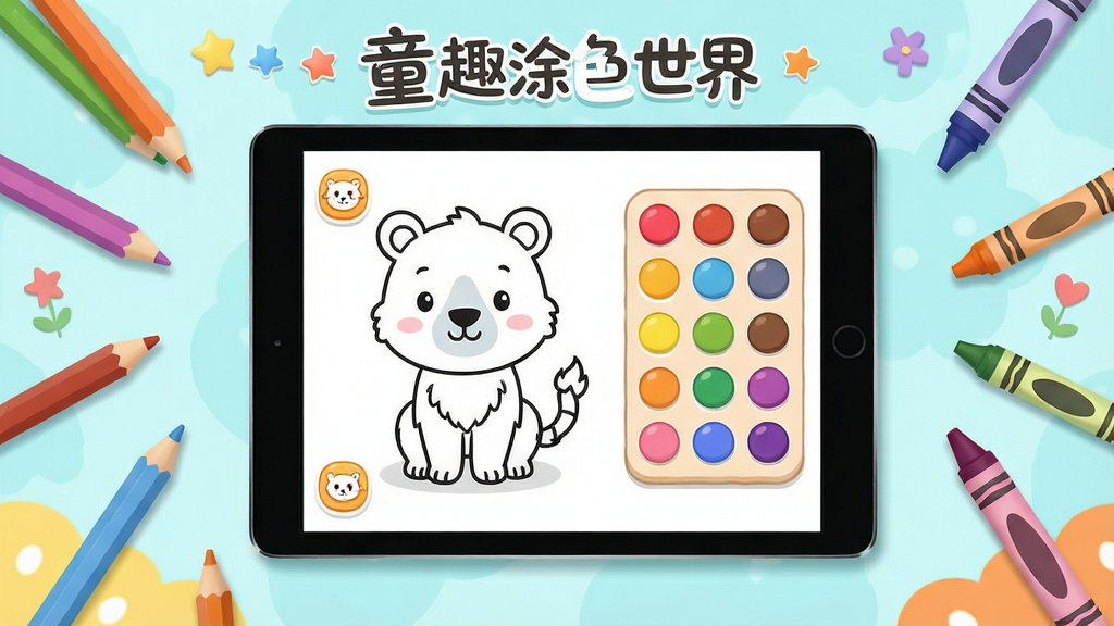 ��������Ϊһ���ͯͿɫӦ�ý���չʾ�����аڷ�һ̨ƽ���豸����Ļ����ʾ��ͨ�����߸����ɫ��ɫ�̣���Χɢ���ɫǦ�������ʣ����ֲ������ҶԳƹ�ͼ�����Ϊ��������ı�ƽ�廭�磬ϸ�ڰ���Բ��ͼ�ꡢ�����Ӱ��ͯȤװ��Ԫ�أ����������ɾ����޶���Ԫ�أ������пɼ������֡�ͯȤͿɫ���硱��Ϊ�����׺