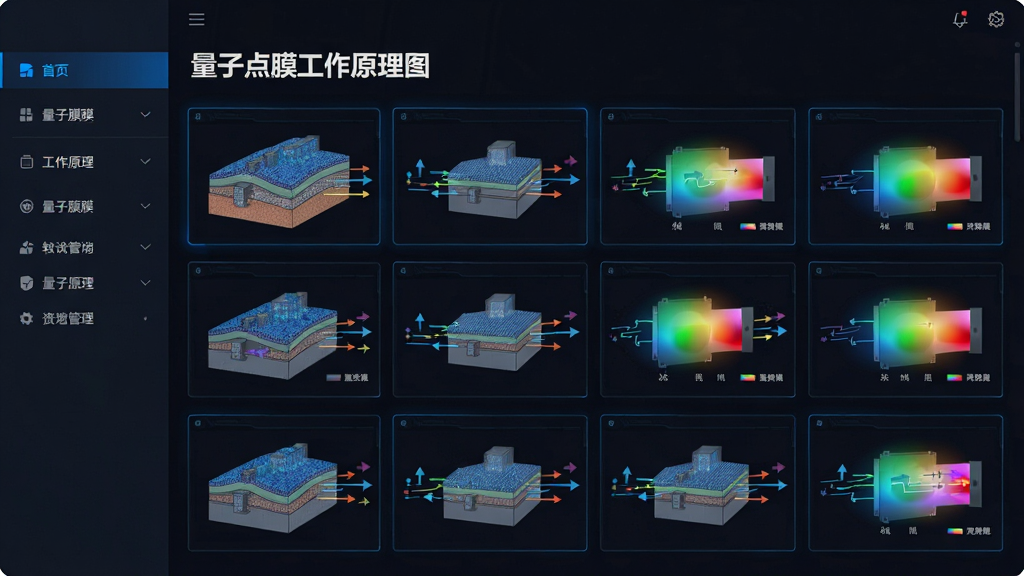 主体为量子点软件内部原理图页面截图,布局为左侧导航栏右侧大图展示区,排版为上方标题下方多张原理图缩略图网格,风格为深色科技界面配蓝色高亮,细节包括量子点膜层结构剖面图、光路箭头、色彩转换示意、缩略图排列整齐,画质清晰、干净、无多余元素,图片中文字为「量子点膜工作原理图」