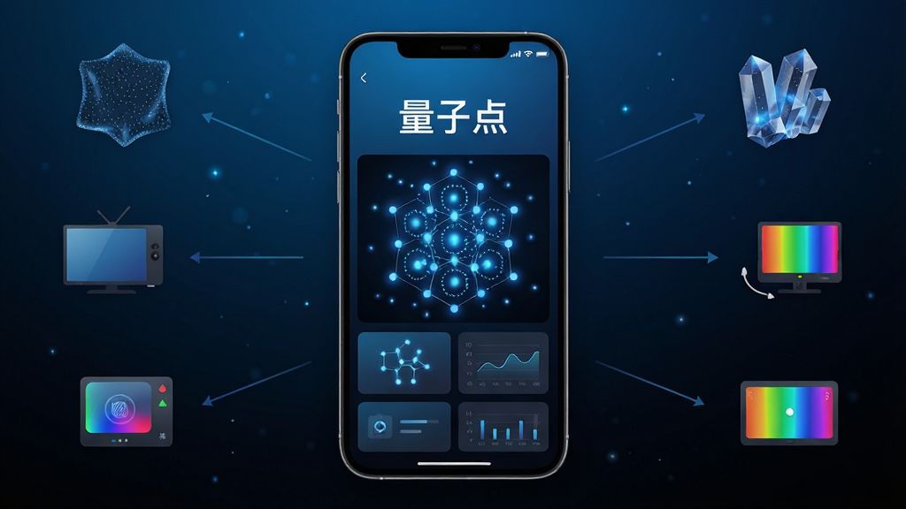 主体为一台智能手机置于桌面中央,屏幕显示量子点软件界面,界面中有量子点材料发光示意图与蓝色光点粒子效果,布局为手机居中、四周环绕量子点膜、电视、光谱传感器等小图标,排版采用上下结构上方为软件标题下方为功能卡片,风格为科技蓝与深空黑渐变,细节包括屏幕内发光粒子、量子点晶体六边形结构、简洁的数据图表,画质高清、干净、无多余元素,图片中文字为「量子点」