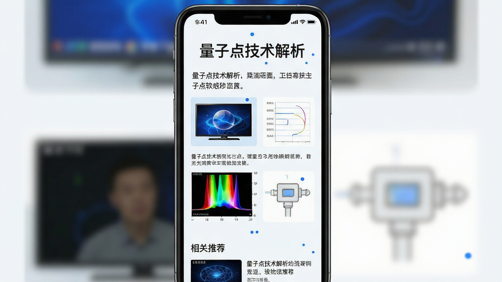 主体为量子点软件科普文章阅读界面,布局为手机竖屏居中展示,排版为顶部标题中部图文混排底部相关推荐,风格为清新浅色阅读风配量子点蓝点缀,细节包括量子点电视对比图表、光谱传感器简图、段落文字排版舒适,画质高清、干净、无多余元素,图片中文字为「量子点技术解析」
