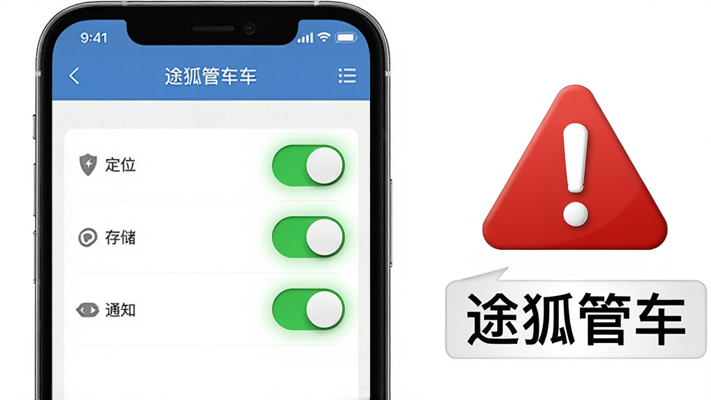 ����չʾһ���ֻ���Ļ��ʾ;���ܳ�APP��Ȩ������ҳ�棬ҳ���ж�λ���洢��֪ͨ����Ȩ�޿��ؾ�Ϊ����״̬������ɫ������ע���ֻ��Ա߷���һ����ɫ��ʾ��̾��ͼ���롰;���ܳ������ֱ�ǩ������Ϊ�ֻ�����ƫ�󡢾�ʾͼ����ң����Ϊ����ָ����ʾ��ͼ��ϸ�ڰ������ذ�ť���������ҳ�����������ɱ棬�����������ɾ����޶���Ԫ��