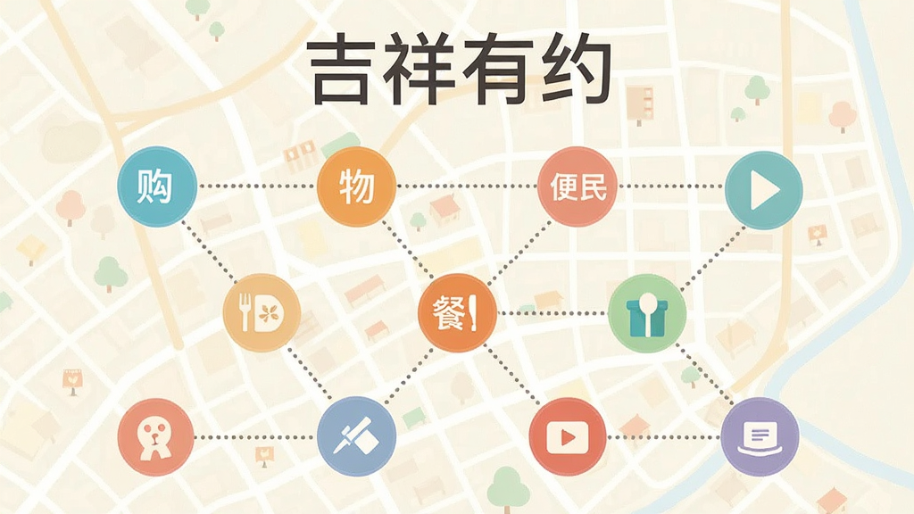画面主体为一张俯视视角的本地生活服务地图插画,地图上分布多个圆形服务节点图标,分别标注购物、餐饮、便民与直播等类别,节点之间以虚线连接;