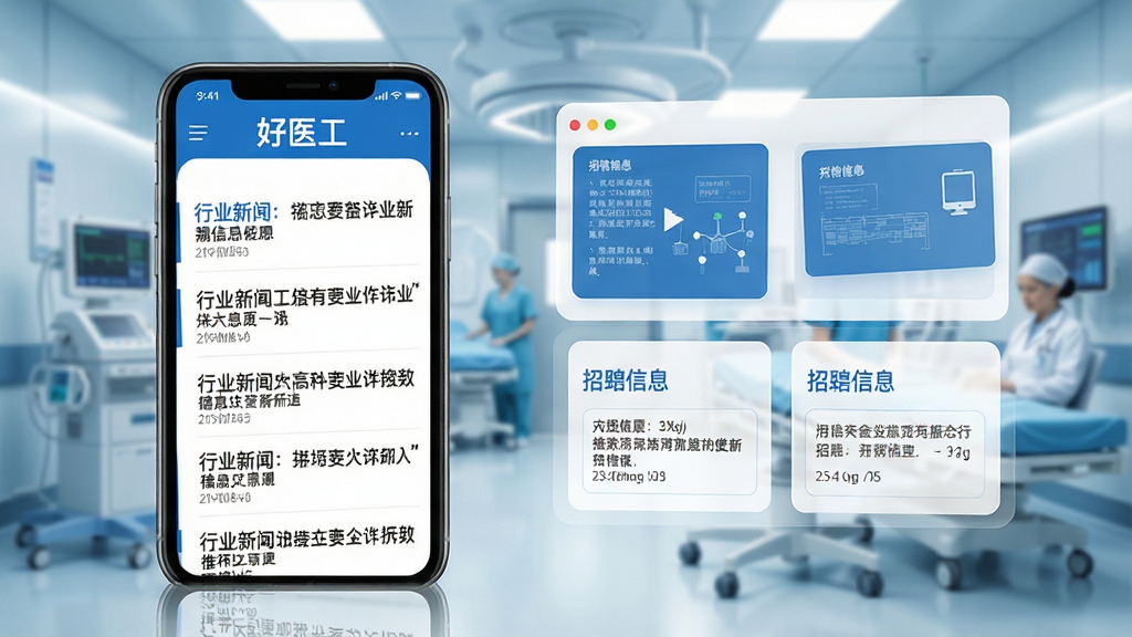 手机屏幕显示“好医工”资讯页面,画面包含行业新闻列表与招聘信息卡片,界面设计简洁大方,配色以蓝白为主,背景为虚拟的医疗行业信息流场景,风格商务专业,布局规整,细节清晰,画质高清,干净无多余元素