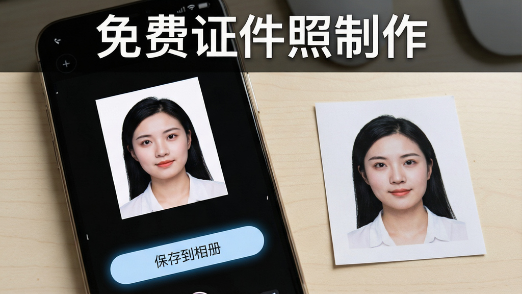 一张展示证件照导出保存流程的示意图,画面为手机屏幕特写,屏幕内显示一张已完成的一寸证件照预览图,下方有「保存到相册」按钮,背景为浅色桌面,旁边放置一张打印出来的证件照实物作为对照,画面顶部标注「免费证件照制作」软件名称,布局为上下结构,风格为写实产品使用场景图,细节包括按钮高亮、照片色彩准确、实物边缘清晰,画质高清,画面干净,无多余元素