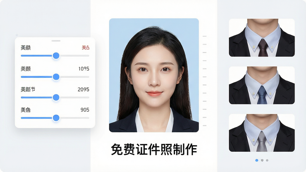 一张展示证件照美颜与换装功能的示意图,画面中央为一张人物证件照半成品,左侧浮动着美颜调节滑块面板,右侧展示三款正装领口模板缩略图,人物照片下方标注「免费证件照制作」文字,布局为三栏式功能展示,风格为清爽工具类界面图,细节包括滑块刻度清晰、领口模板边缘贴合自然、整体色调柔和,画质高清,画面干净,无多余元素