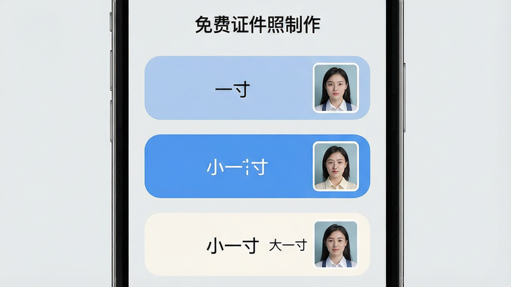 一张手机界面截图风格的示意图,画面展示「免费证件照制作」软件的尺寸选择页面,屏幕上排列多个尺寸选项卡,分别标注「一寸」「二寸」「小一寸」「大一寸」,每个选项卡旁配有小尺寸照片预览缩略图,界面背景为浅灰色,布局为纵向列表居中,风格为移动应用界面展示图,细节包括选项卡圆角、选中状态高亮、文字清晰,画质高清,画面干净,无多余元素