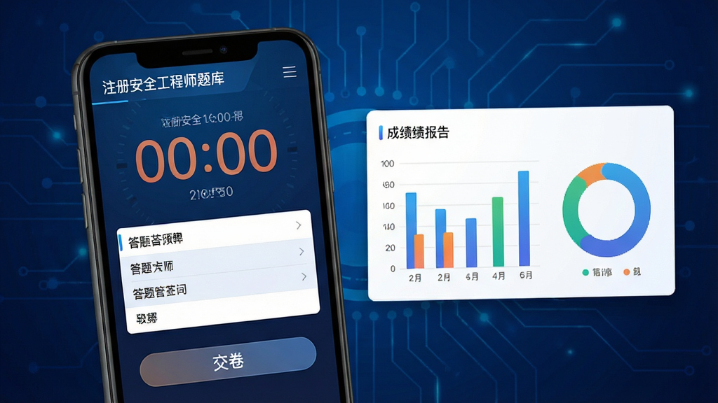 注册安全工程师题库模拟考试界面展示图,手机屏幕显示倒计时时钟、答题卡分布与交卷按钮,画面右侧悬浮成绩报告图表,包含柱状图与环形图;背景为深蓝色科技感渐变,风格为数据可视化展示风,细节突出计时器数字与图表配色,画质清晰锐利,无多余元素