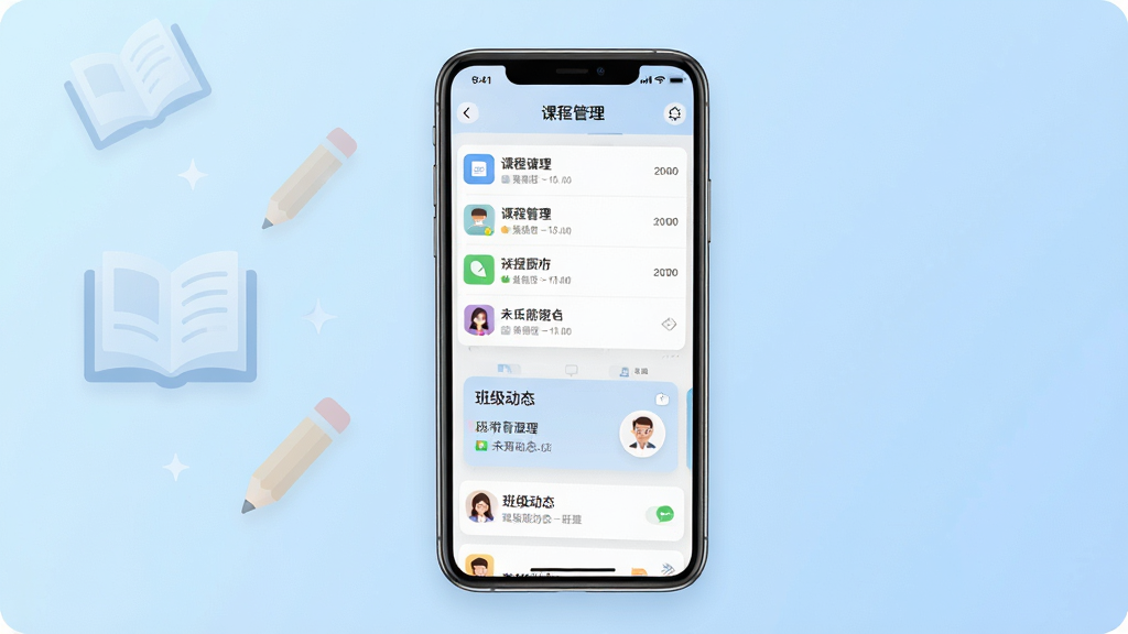 一张展示未来魔法校老师端手机应用界面的预览图,画面中央是一部竖屏智能手机,屏幕上显示着课程管理列表与班级动态卡片,背景是柔和的浅蓝色渐变,左侧有半透明书本与铅笔的扁平化图标点缀,整体风格清新简洁,画质清晰,干净无多余元素