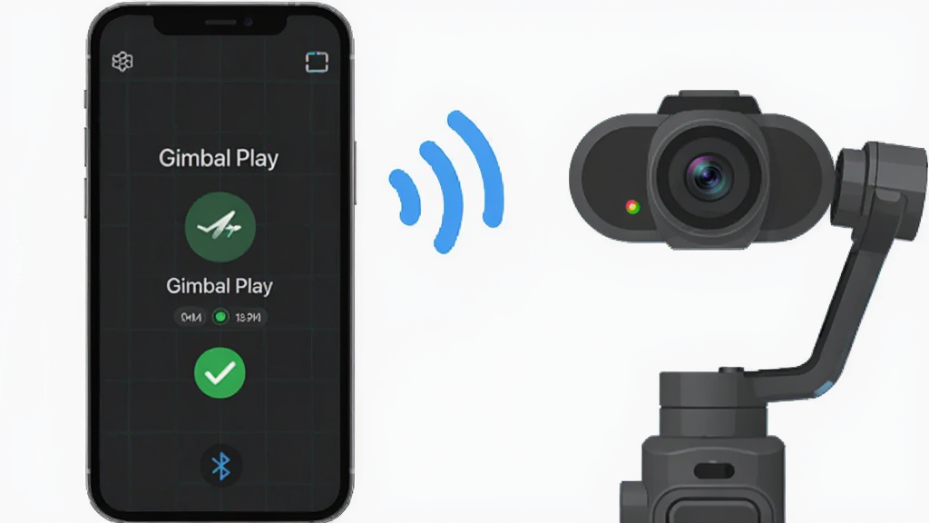 一部手机通过蓝牙连接手持云台的示意图,屏幕显示 Gimbal Play 连接成功界面,主体为手机与云台,布局左右分布,排版清晰,风格扁平科技风,细节包括蓝牙信号波纹、绿色连接标识、云台结构线条,画质高清,干净无多余元素