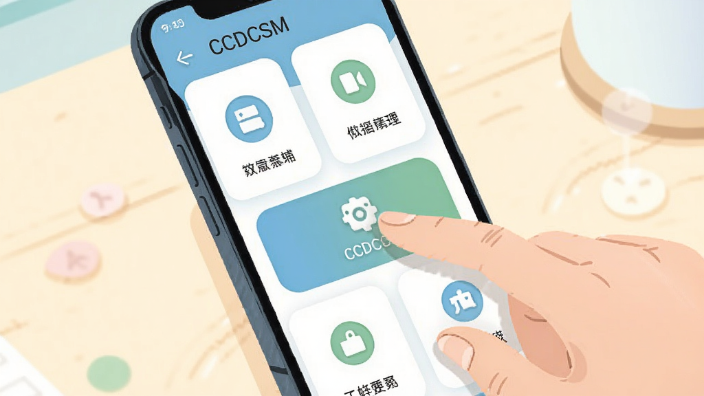 手机屏幕展示CCDCSM主界面,卡片式功能分区排列整齐,大按钮带图标,界面文字简洁;一只手正在轻触屏幕中央按钮,背景为柔和浅色桌面;插画风格,配色清新,构图突出界面清晰度,画质干净,无多余元素