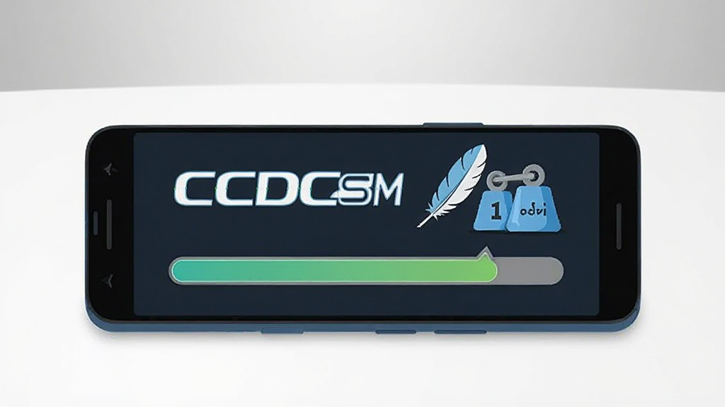 一部安卓手机屏幕显示安装进度条接近完成,进度条上方有“CCDCSM”标识,旁边有羽毛与轻量砝码的比喻元素,表达轻量低占用;手机置于简洁桌面环境,背景为浅灰渐变;扁平化矢量风格,蓝绿配色,画面干净,画质清晰,无杂乱元素