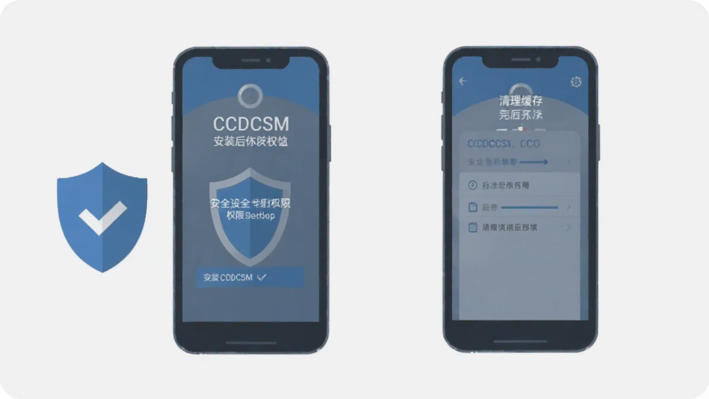 一部手机屏幕显示CCDCSM安装完成后的权限设置界面,旁边有盾牌与对勾图标,表达安全授权;另有一部手机显示清理缓存的操作界面;两部手机并排,背景简洁浅色;扁平插画风格,蓝灰配色,画质清晰,无多余元素