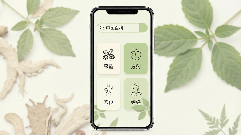 一部智能手机竖屏展示中医百科应用主界面,页面以米白色与浅绿色为主色调,上方搜索框内写有“中医百科”字样,下方排列中药、方剂、穴位、经络四个功能入口卡片,卡片采用圆角设计并配有简洁线条图标,背景为淡雅的中草药叶片虚化图案,整体布局居中对称,风格清新简约,细节干净利落,画质清晰,无多余装饰元素