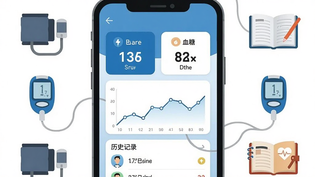 手机屏幕中央展示血压血糖检测助手主界面,上方为血压数值卡片和血糖数值卡片,下方为折线趋势图与历史记录列表,界面采用蓝白清爽配色,四周环绕血压计袖带、血糖仪、记录本等健康元素图标,整体为扁平化插画风格,布局居中对称,背景干净留白,画质清晰,无多余元素