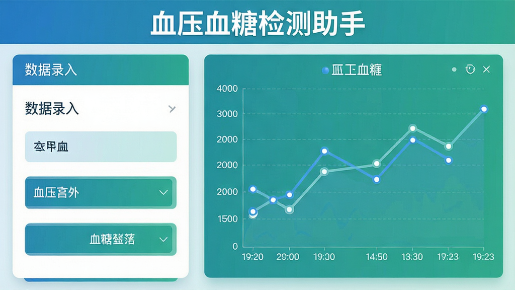 血压血糖检测助手功能展示图,画面左侧为数据录入面板特写,右侧为血压血糖双折线趋势图表,图表上有清晰的时间刻度与数据节点,软件名称血压血糖检测助手以文字形式出现在画面顶部,整体为现代扁平化UI风格,蓝绿配色,布局左右分栏,细节干净,画质高清