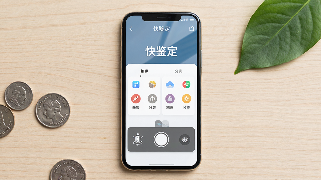 主体是一部智能手机居中放置,屏幕上显示“快鉴定”软件首页界面,包含拍照识别按钮与分类图标;布局为手机正面平视,背景为浅色木质桌面,旁边散落几枚硬币与一片绿叶作为点缀;排版突出手机屏幕内容,四周留白干净;风格为清新写实的产品展示风;细节包括屏幕反光自然、图标清晰、桌面纹理柔和;画质高清,干净无多余元素
