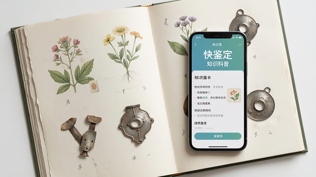 主体是一本摊开的图册与一部手机并排放置,手机屏幕显示“快鉴定”知识科普页面,图册上有植物与金属标本插图;布局为俯视平铺;排版左右呼应;风格为文艺清新风;细节包括纸张质感、插图色彩柔和、手机界面清晰;画质高清,干净无多余元素