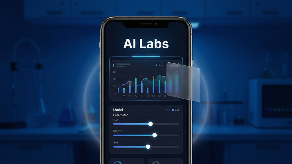 ����Ϊһ�������ֻ�����չʾ����Ļ�ڳ���AI Labs����ɫ�Ƽ�����棬��������ͼ����ģ�Ͳ������飻����Ϊ�ֻ�������д������Ϊ��������ʵ���ҹ�Ч���Ű�ͻ���������ơ�AI Labs������Ļ�Ϸ������Ϊ�ִ��Ƽ��С�����ƽ����ϸ�ڰ���������������͸����塢��͹��Σ����ʸ��塢�ɾ����޶���Ԫ��