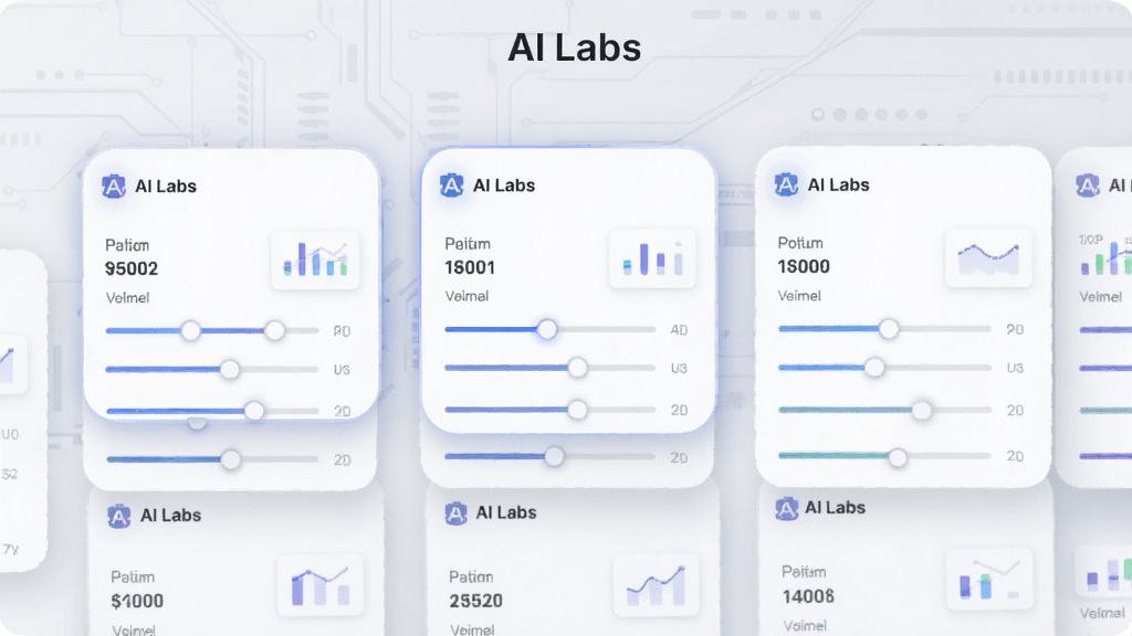 ����ΪAI Labs���������ͼ���廭����������չʾ���ģ�Ϳ�Ƭ�����Ų���ÿ�ſ�Ƭ���С�AI Labs����ʶ��������ڻ��飻����Ϊ����Ƭ��������Ϊǳ�ҿƼ��������Ű������������������������ơ�AI Labs�������Ϊ��ƽ��UI�廭��ϸ�ڰ�������ѡ��״̬������Сͼ���������Ӱ�����ʸ��塢�ɾ����޶���Ԫ��