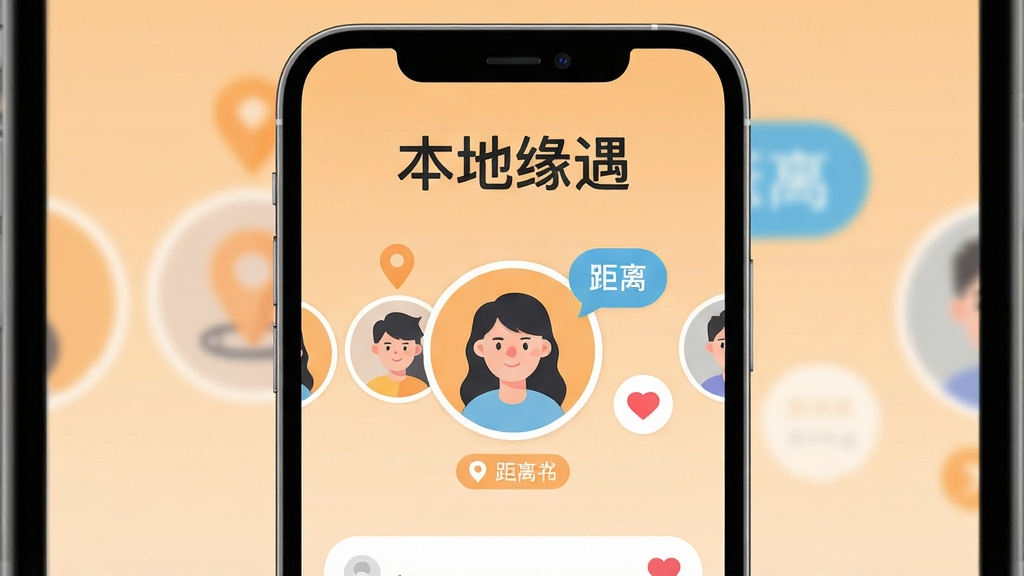 画面主体为一部竖屏智能手机,屏幕中央显示同城交友应用界面,界面顶部写有“本地缘遇”四个汉字,下方是圆形头像卡片与距离标签,背景为浅橙色渐变,布局居中对齐,风格为现代扁平化UI插画,细节包含定位图标、聊天气泡、爱心元素,画质清晰干净,无多余装饰元素