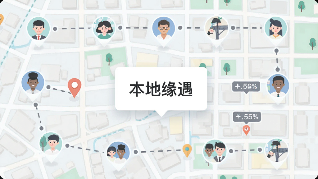 画面主体为一张城市俯视地图,地图上分布多个圆形用户头像标记,标记之间用虚线连接,地图中央浮出“本地缘遇”文字卡片,布局以上下结构呈现,风格为清新扁平插画,细节包含街道线条、定位图钉、距离数字标签,画质干净清晰,无杂乱元素