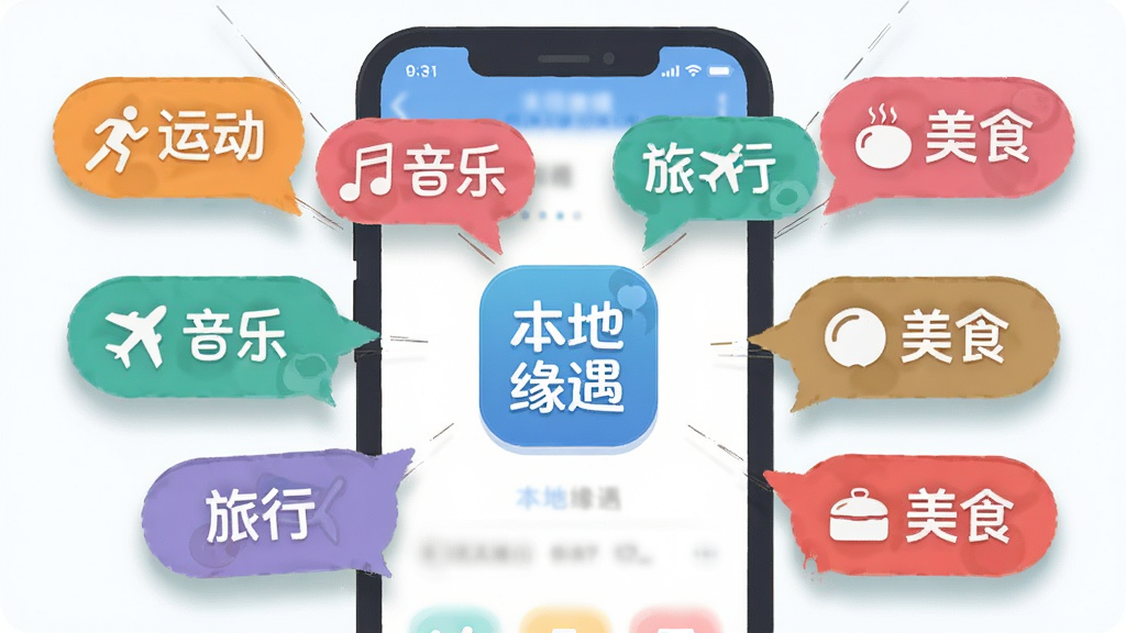 画面主体为多个彩色兴趣标签气泡悬浮在手机界面周围,气泡上写有“运动”“音乐”“旅行”“美食”等汉字,界面中央显示“本地缘遇”标识,布局呈放射状排列,风格为活泼扁平插画,细节包含图标小符号、柔和阴影,画质干净明亮,无多余装饰