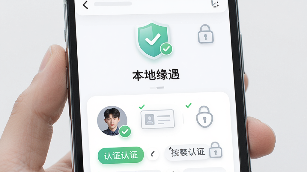 画面主体为手机屏幕内的个人资料认证页面,页面中央有盾牌勾选图标与“本地缘遇”标题,下方排列头像框与认证标签,布局简洁纵向排列,风格为现代科技感轻拟物,细节包含绿色对勾、证件轮廓、安全锁图标,画质清晰干净,无多余元素