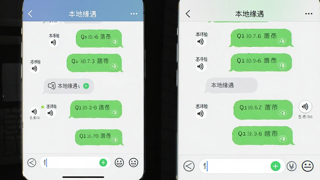 画面主体为手机聊天对话界面,左右两侧分布对话气泡,顶部标题栏写有“本地缘遇”,底部为输入框与表情按钮,布局为竖向全屏展示,风格为简洁现代UI风格,细节包含时间戳、已读标记、语音图标,画质清晰干净,无杂乱背景